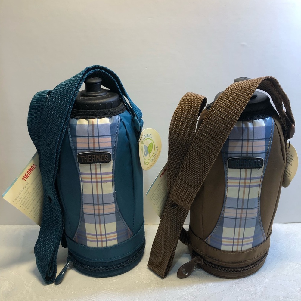 Vintage Thermos 1 L Reusable Bottle With Wrap And Strap Plaid Blue Brown New